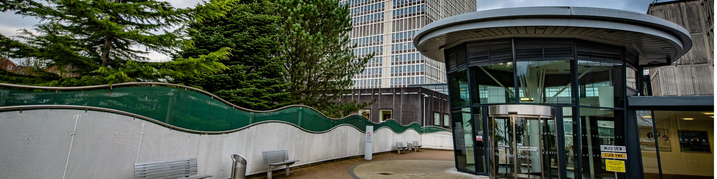 Front view of DVLA tower block and main entrance.