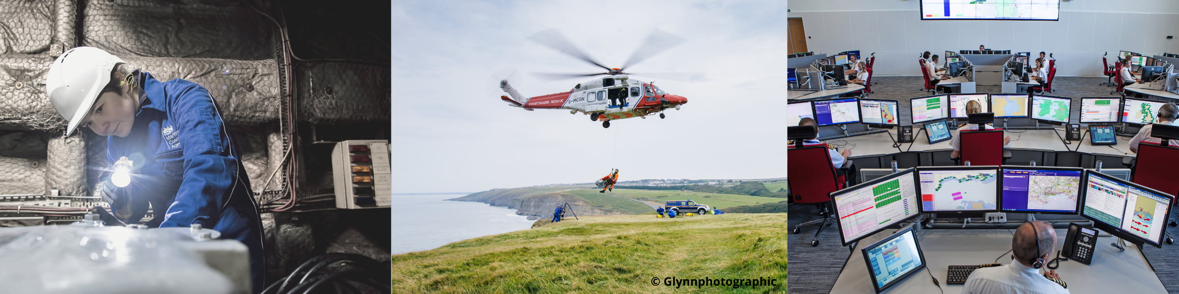 emale engineer, a coastguard helicopter and an office of MCA coastguard staff.