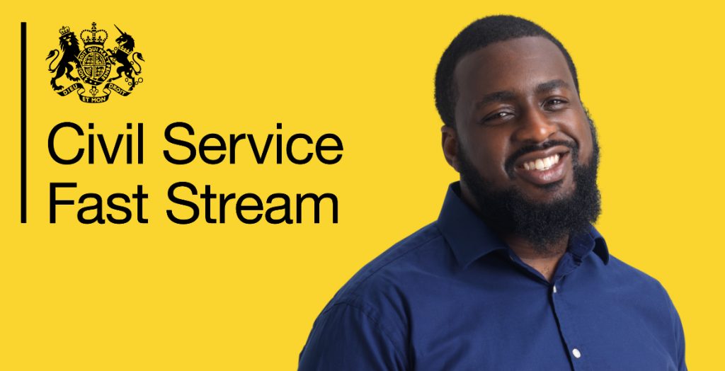 Yellow Civil Service Fast Stream poster, with man smiling.