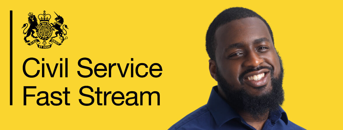 Yellow Civil Service Fast Stream poster, with man smiling.
