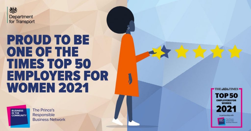 Image showing a woman holding up 5 stars. Text to the left of image reads "Proud to be one of the times top 50 employers for women 2021".