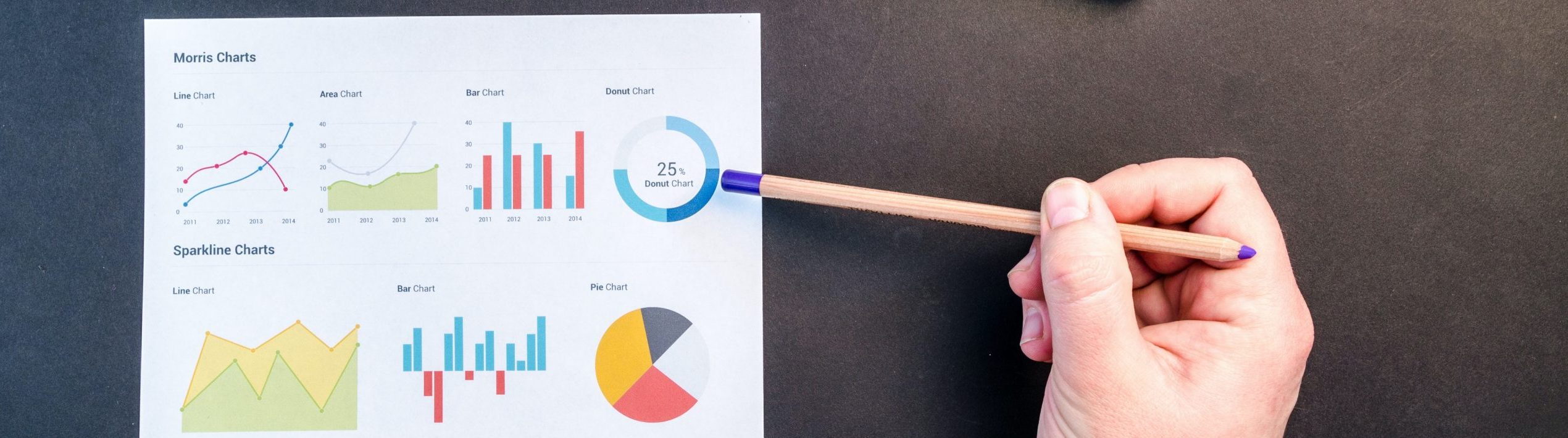 Image of a person's hand holding a pencil pointing to various data sources on a chart.