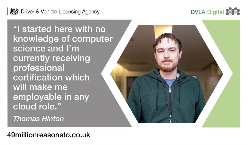 Image testimonial: Picture of Thomas Hinton in a box with quote to the side that reads: "I started here with no knowledge of computer science and I'm currently receiving professional certification which will make me employable in any cloud role."