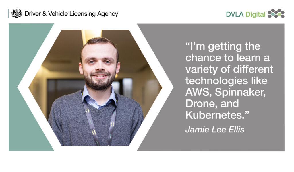 Testimonial from Jamie Lee Ellis from DVLA Digital Careers: "I'm getting the chance to learn a variety of different technologies like AWS, Spinnaker, Drone, and Kubernetes."