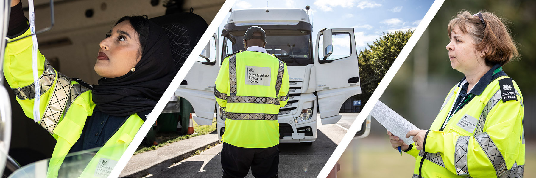Banner image for DVSA Traffic Examiners: Depicts a 3 photo montage of DVSA traffic examiners performing their role.